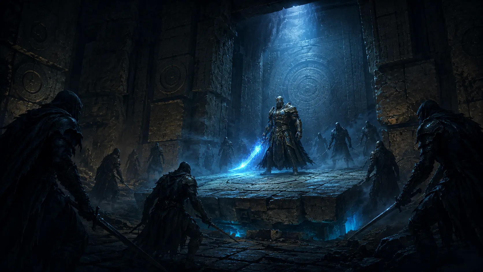An armored king stands in a giant stone tomb, surrounded by enemies, holding a glowing blue blade.