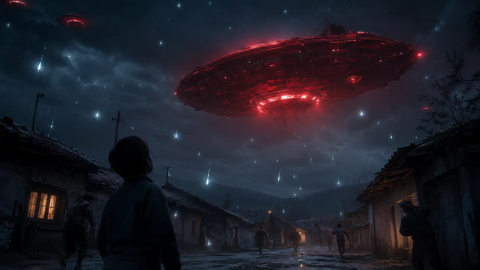 A red alien ship appears above a childhood village while white objects fall from the night sky.