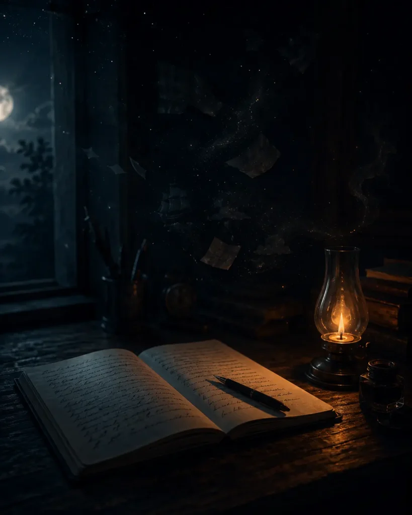 An open dream journal on a dark wooden desk under moonlight, with a candle, handwritten pages, and dreamlike fragments floating in the air.