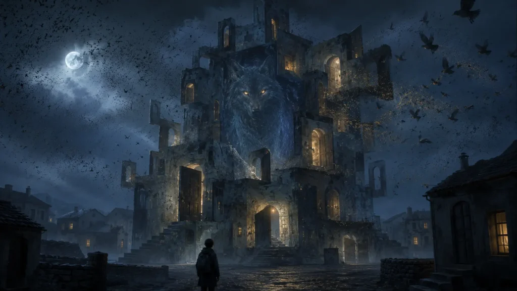 A strange shifting building under the moon with many doors, a spectral wolf inside, and birds flying through the night sky.